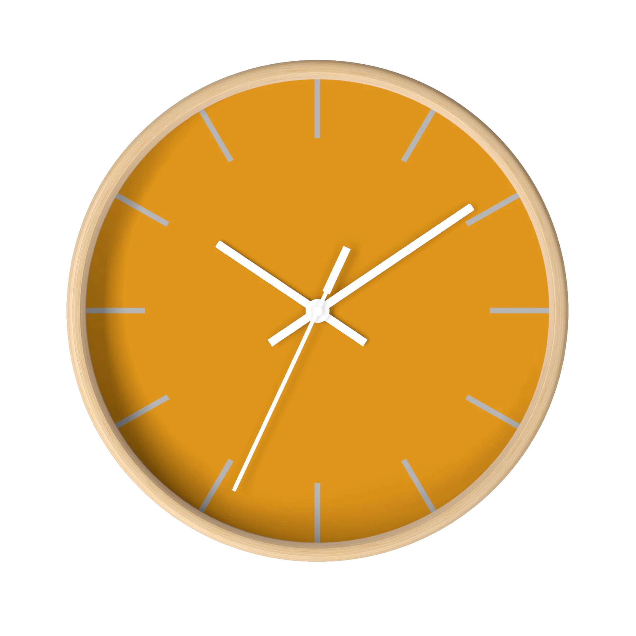 Dixie orange silent wall clock, wooden base, white hands, light grey markers, 10 inch, front view.