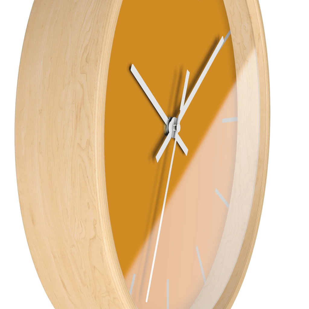 Dixie orange silent wall clock, wooden base, white hands, light grey markers, 10 inch, side view.
