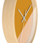 Dixie orange silent wall clock, wooden base, white hands, light grey markers, 10 inch, side view.