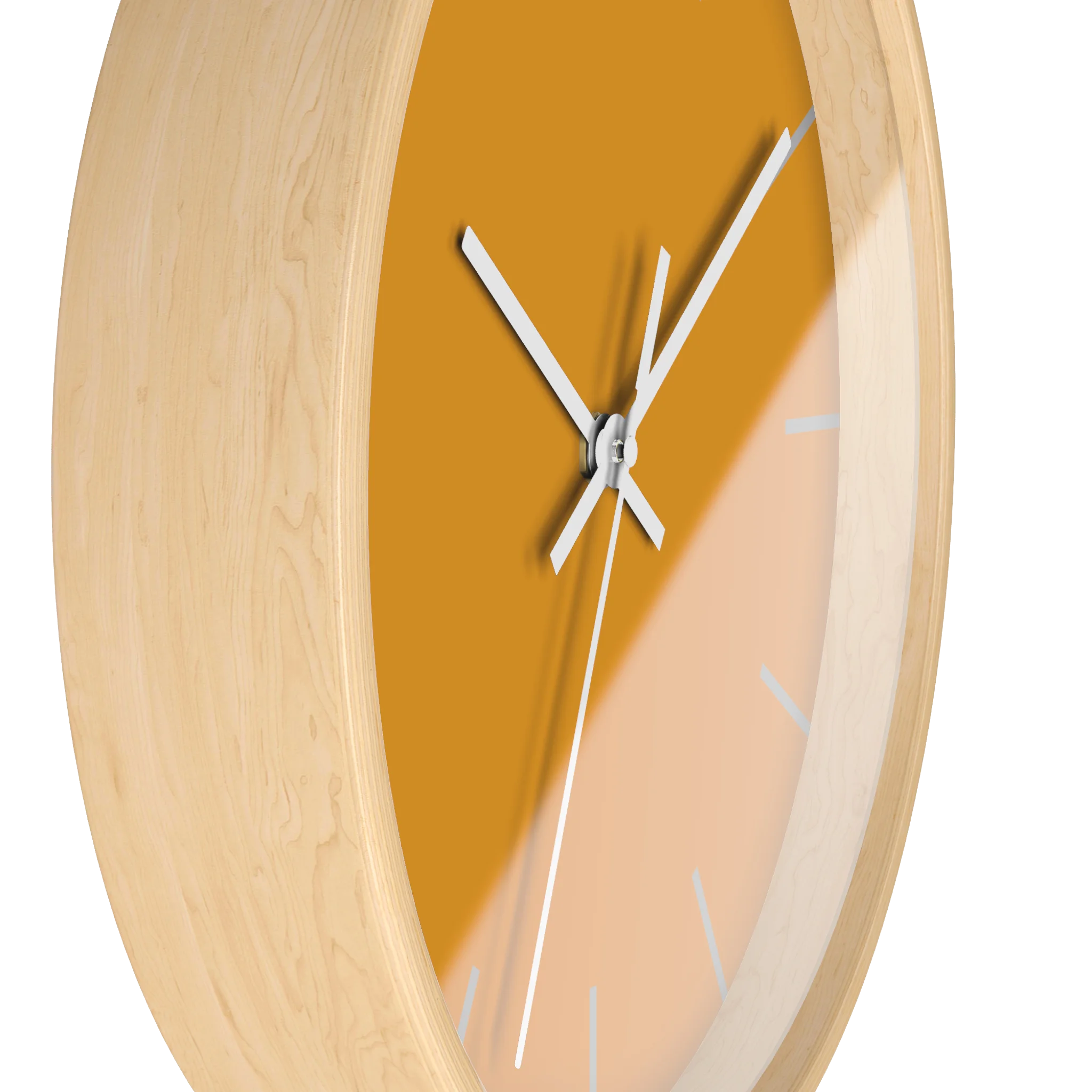 Dixie orange silent wall clock, wooden base, white hands, light grey markers, 10 inch, side view.