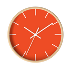 Dragon fire red silent wall clock, wooden base, white hands, white markers, 10 inch, front view.