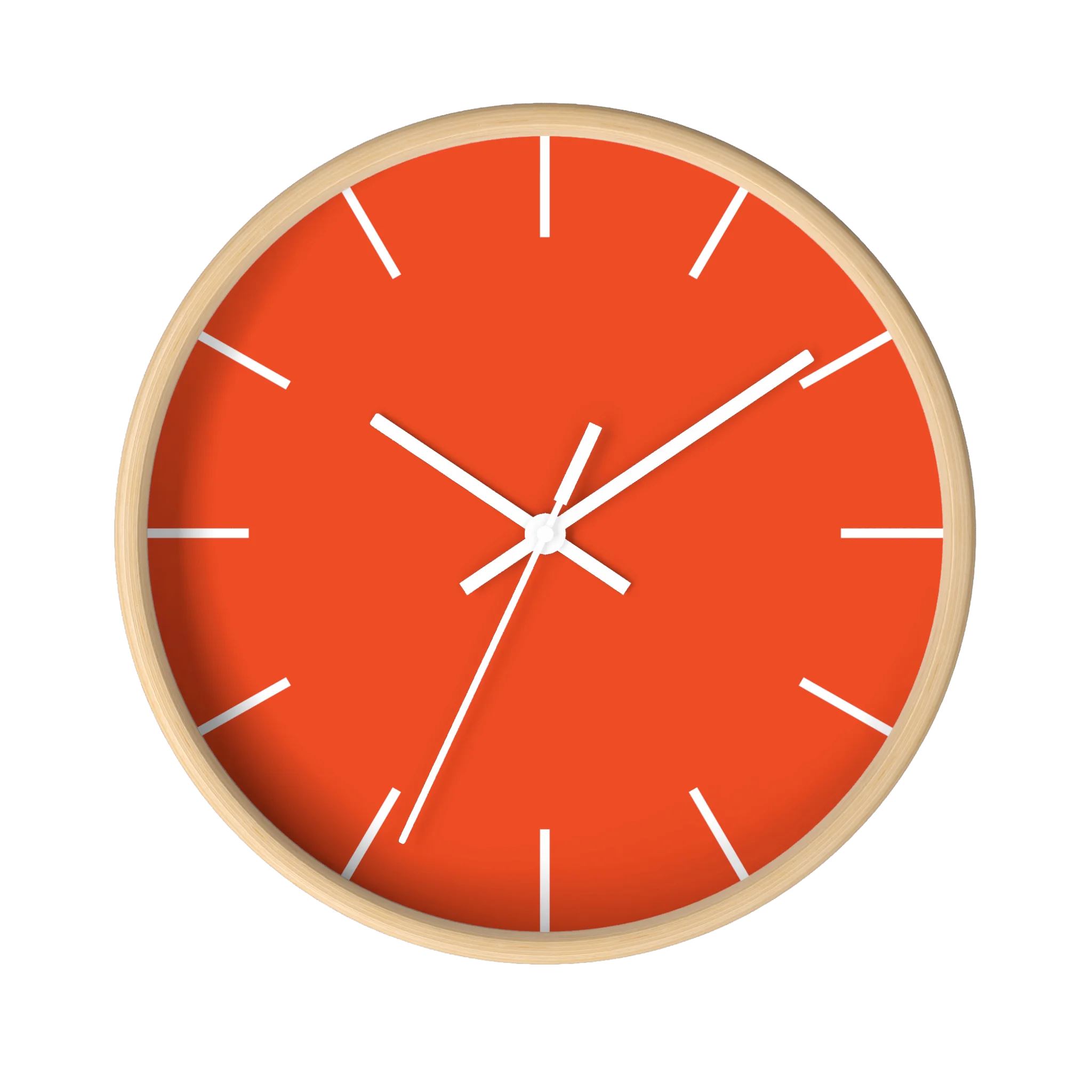 Dragon fire red silent wall clock, wooden base, white hands, white markers, 10 inch, front view.
