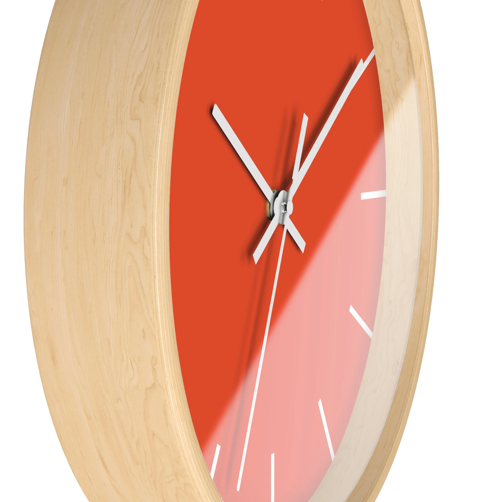 Dragon fire red silent wall clock, wooden base, white hands, white markers, 10 inch, side view.