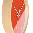 Dragon fire red silent wall clock, wooden base, white hands, white markers, 10 inch, side view.