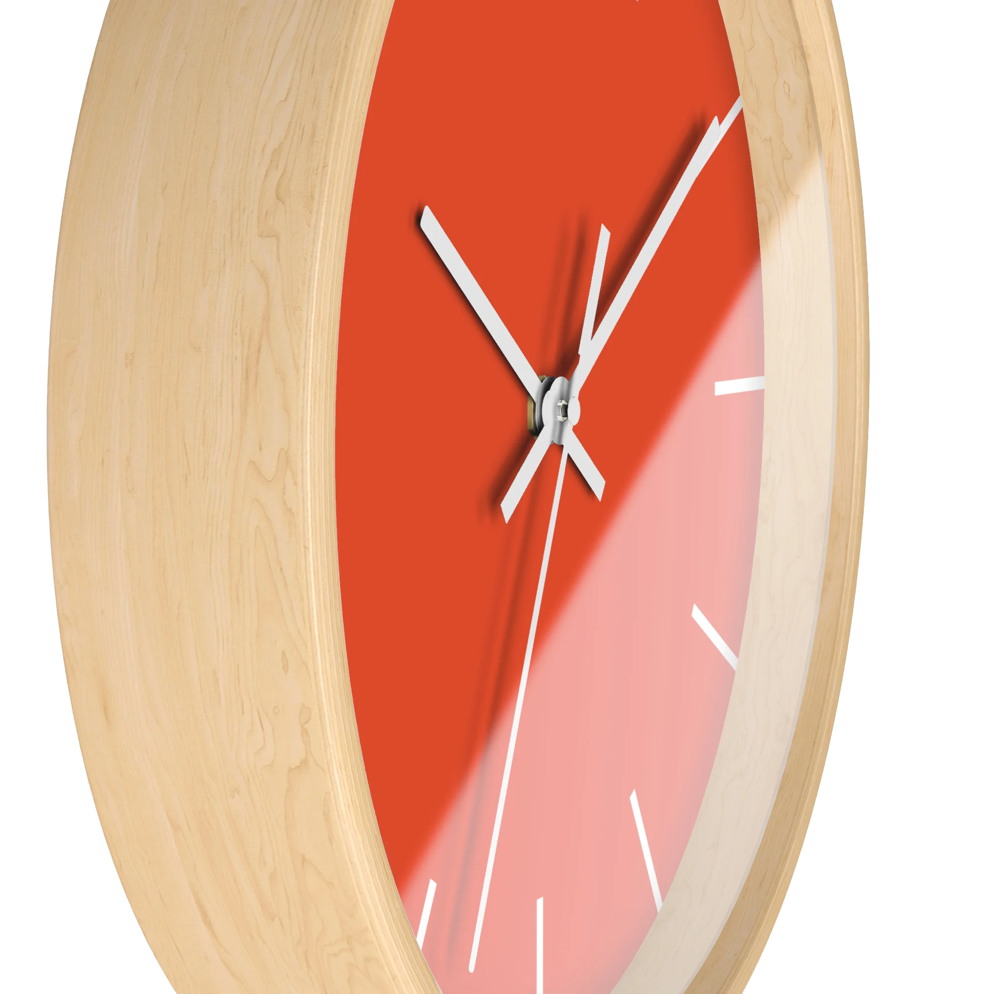 Dragon fire red silent wall clock, wooden base, white hands, white markers, 10 inch, side view.