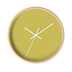 Dull gold yellow silent wall clock, wooden base, white hands, light grey markers, 10 inch, front view.