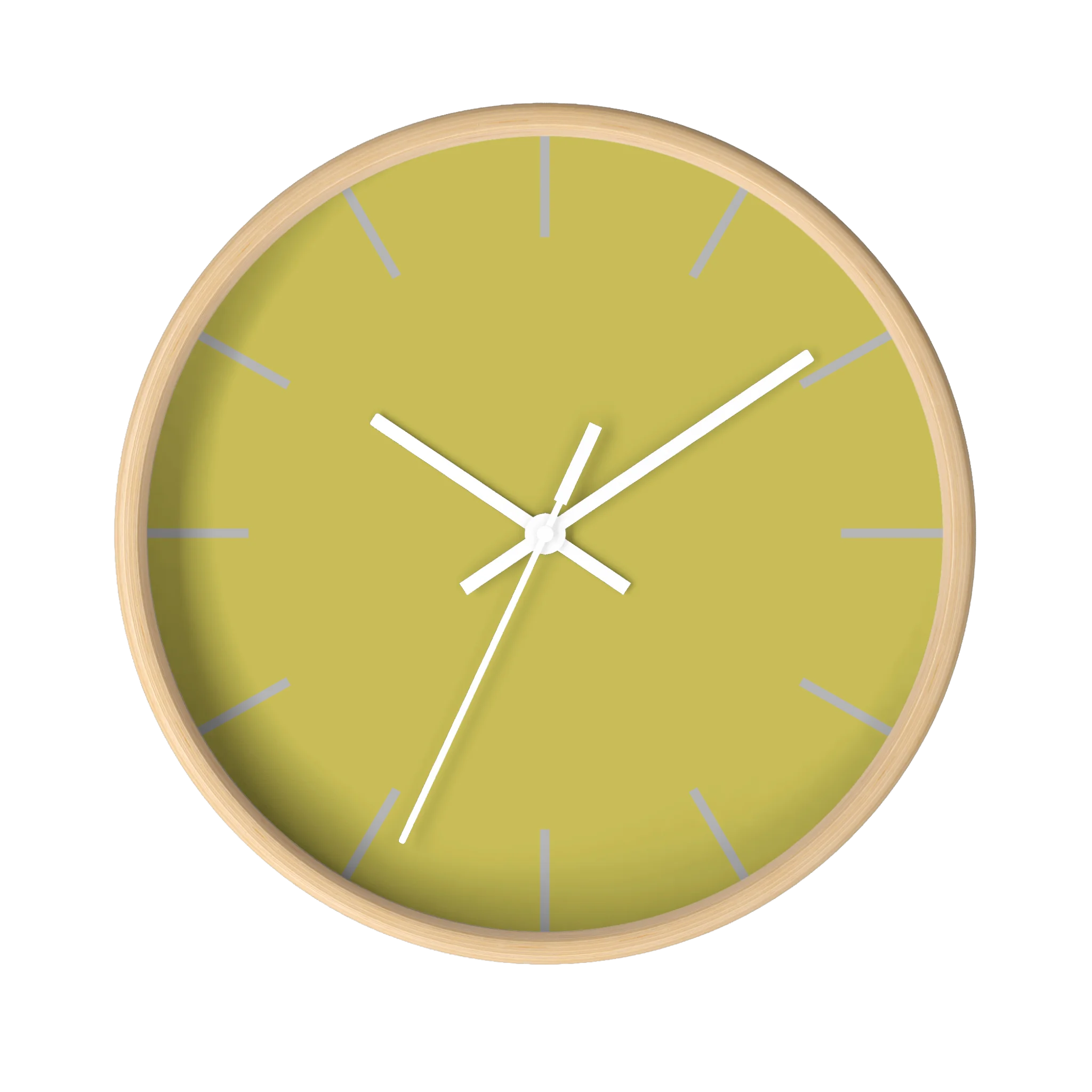 Dull gold yellow silent wall clock, wooden base, white hands, light grey markers, 10 inch, front view.