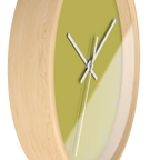 Dull gold yellow silent wall clock, wooden base, white hands, light grey markers, 10 inch, side view.