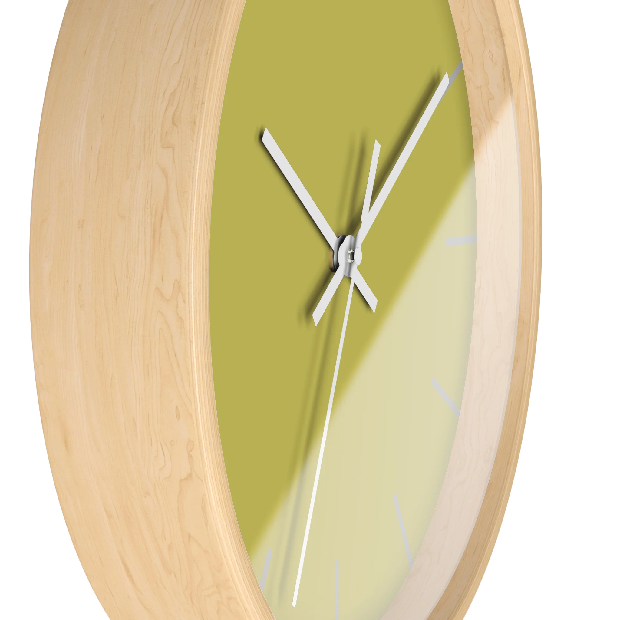Dull gold yellow silent wall clock, wooden base, white hands, light grey markers, 10 inch, side view.