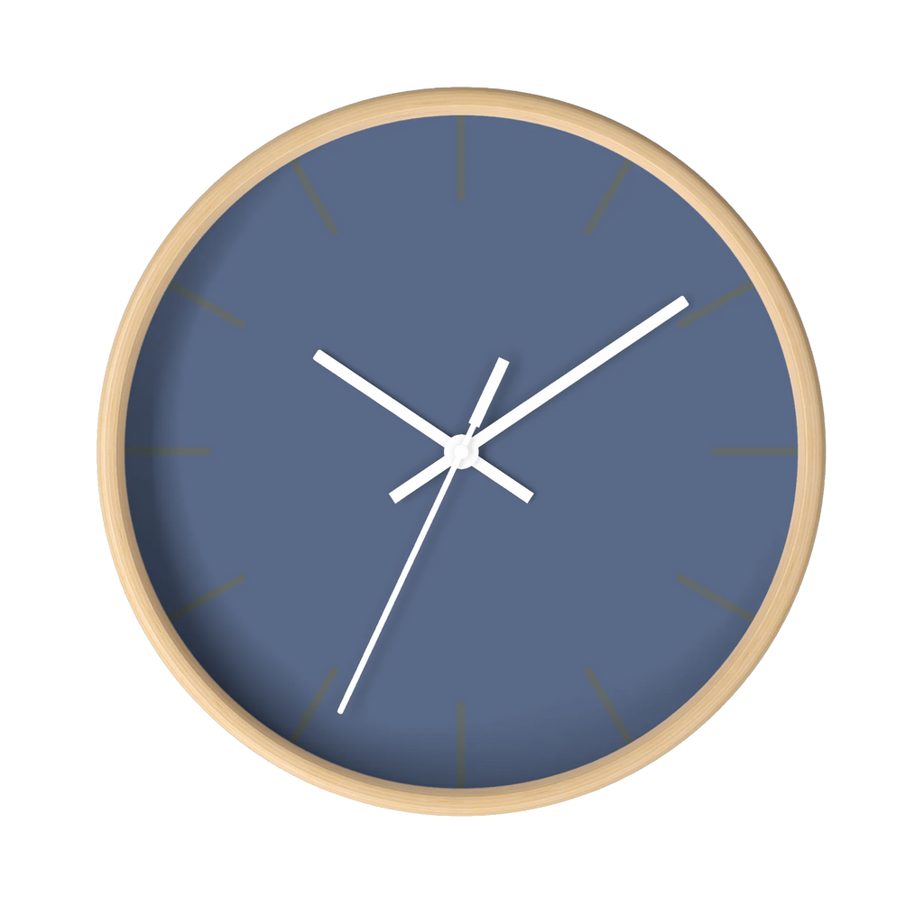 Dust blue silent wall clock, wooden base, white hands, grey markers, 10 inch, front view.