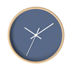 Dust blue silent wall clock, wooden base, white hands, grey markers, 10 inch, front view.