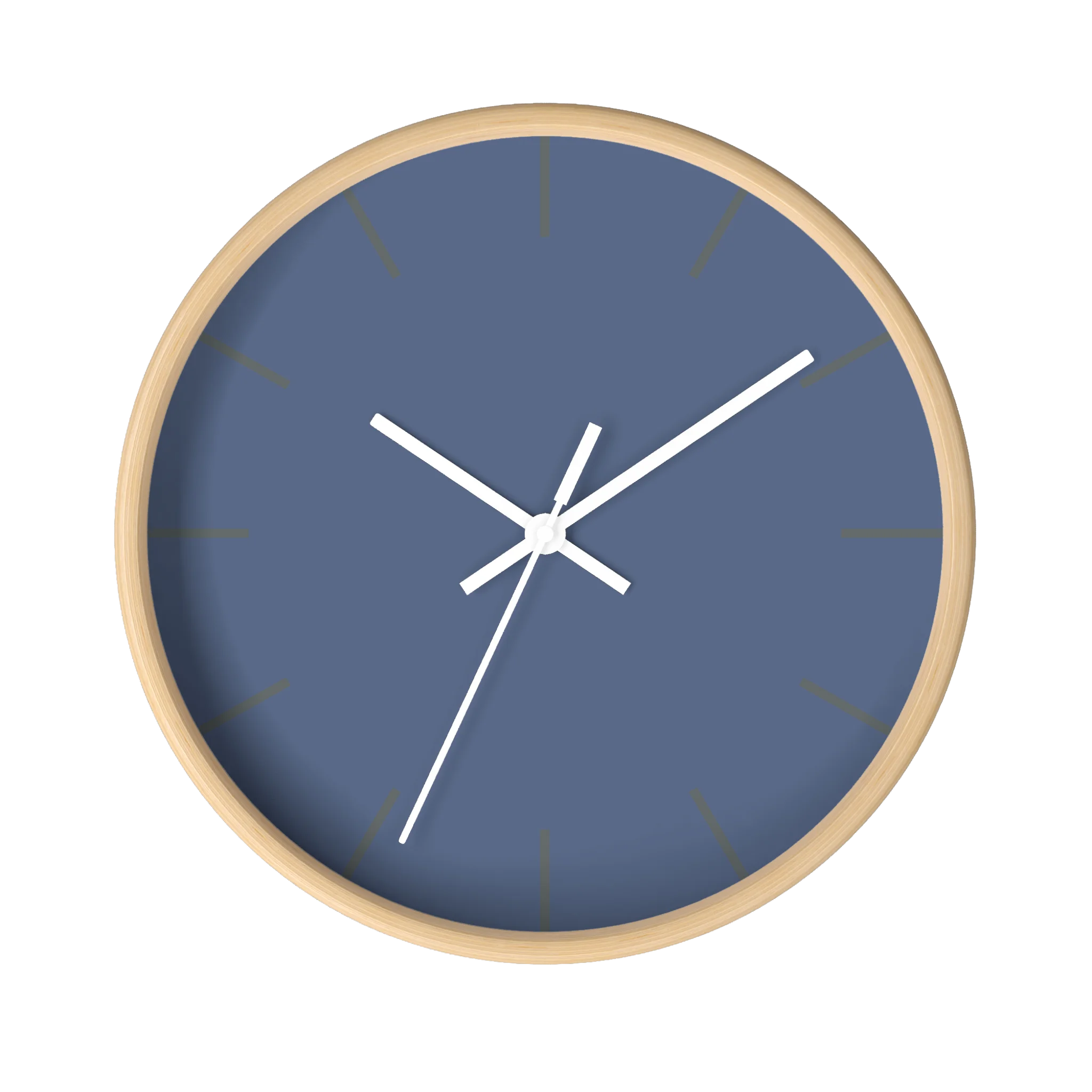 Dust blue silent wall clock, wooden base, white hands, grey markers, 10 inch, front view.