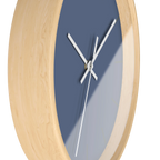 Dust blue silent wall clock, wooden base, white hands, grey markers, 10 inch, side view.