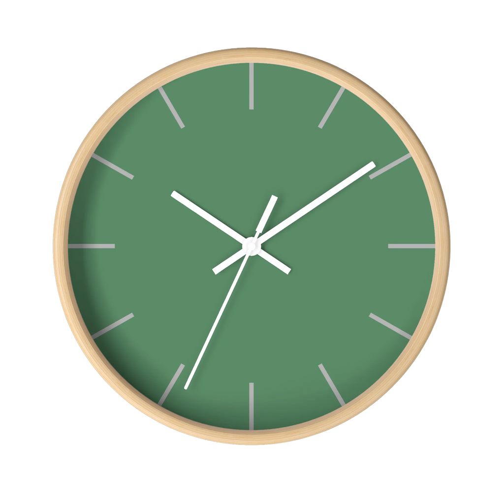 Dust green silent wall clock, wooden base, white hands, ivory grey markers, 10 inch, front view.