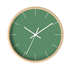 Dust green silent wall clock, wooden base, white hands, ivory grey markers, 10 inch, front view.