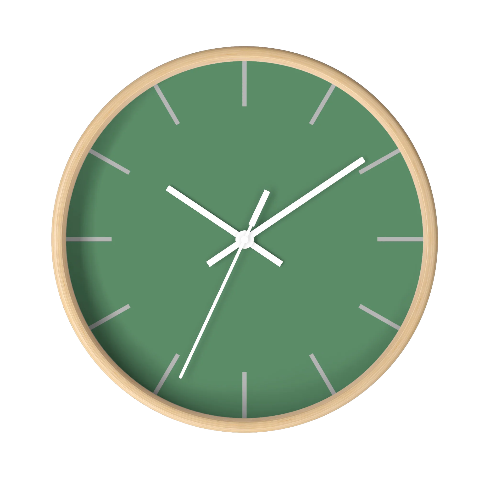 Dust green silent wall clock, wooden base, white hands, ivory grey markers, 10 inch, front view.