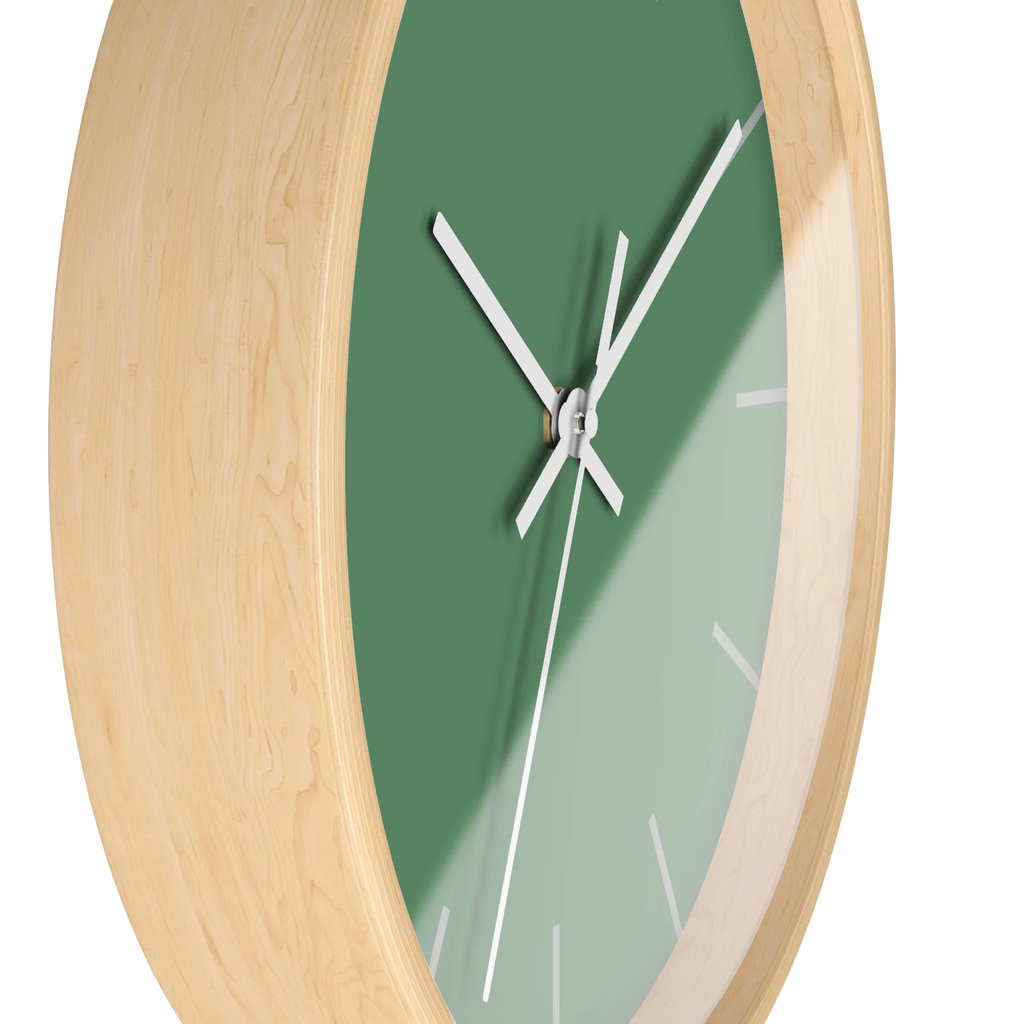 Dust green silent wall clock, wooden base, white hands, ivory grey markers, 10 inch, side view.