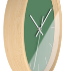 Dust green silent wall clock, wooden base, white hands, ivory grey markers, 10 inch, side view.