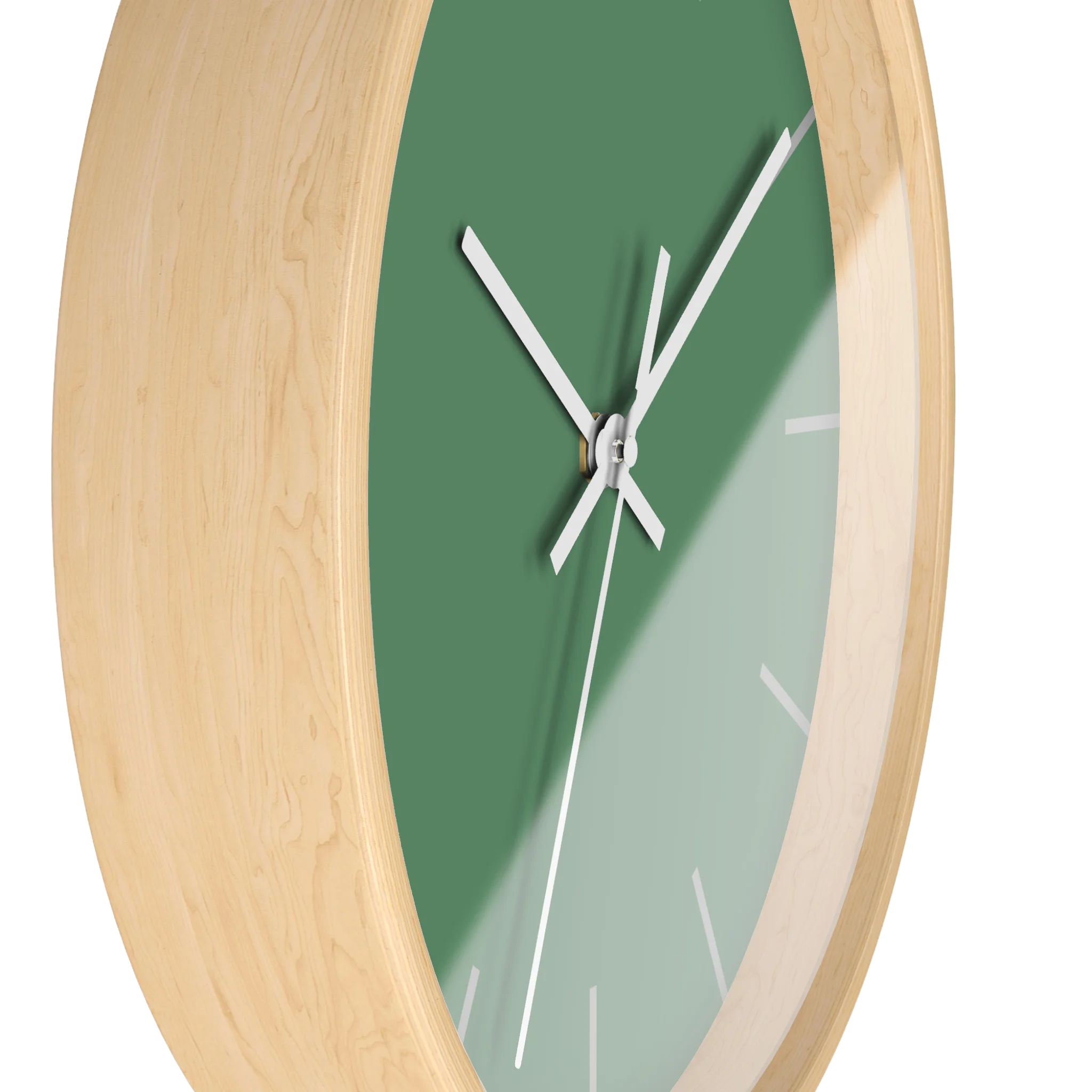 Dust green silent wall clock, wooden base, white hands, ivory grey markers, 10 inch, side view.
