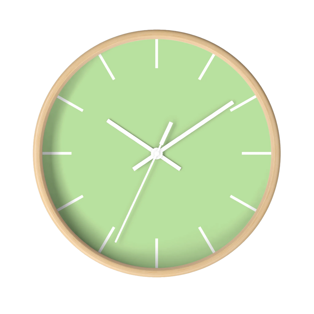 Fresh green mint silent wall clock, wooden base, white hands, white markers, 10 inch, front view.