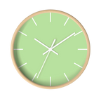 Fresh green mint silent wall clock, wooden base, white hands, white markers, 10 inch, front view.