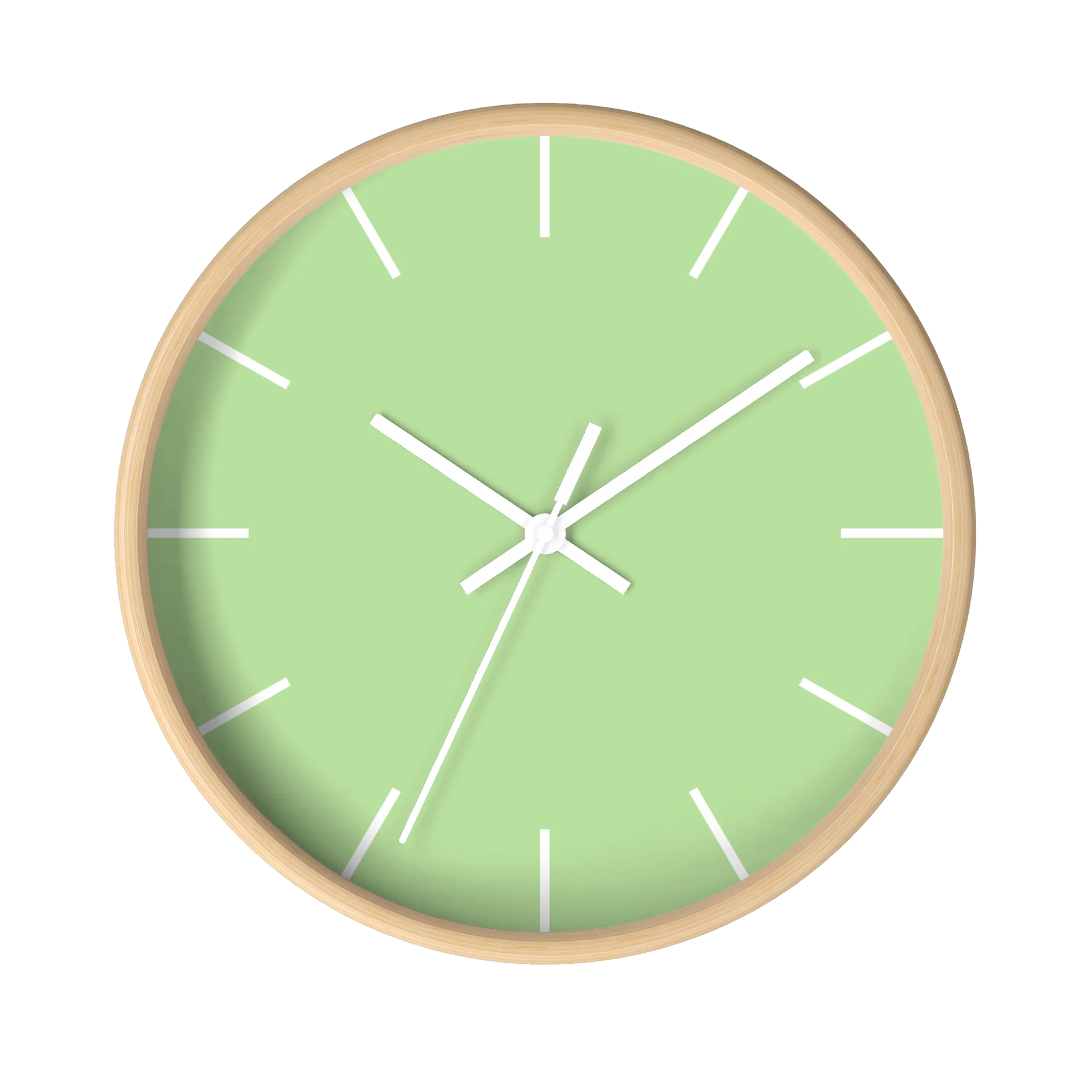 Fresh green mint silent wall clock, wooden base, white hands, white markers, 10 inch, front view.