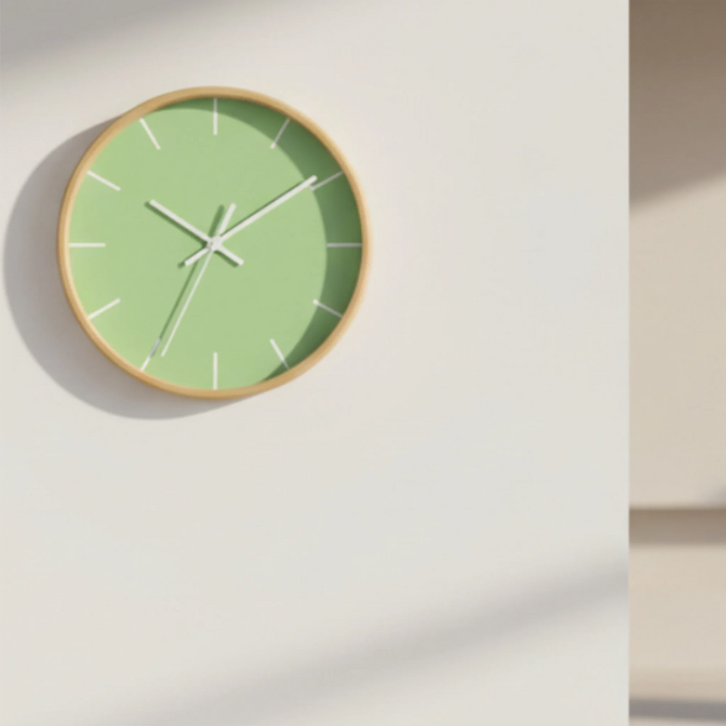 Fresh green mint silent wall clock, wooden base, white hands, white markers, 10 inch, on a white wall with window lighting, front view.
