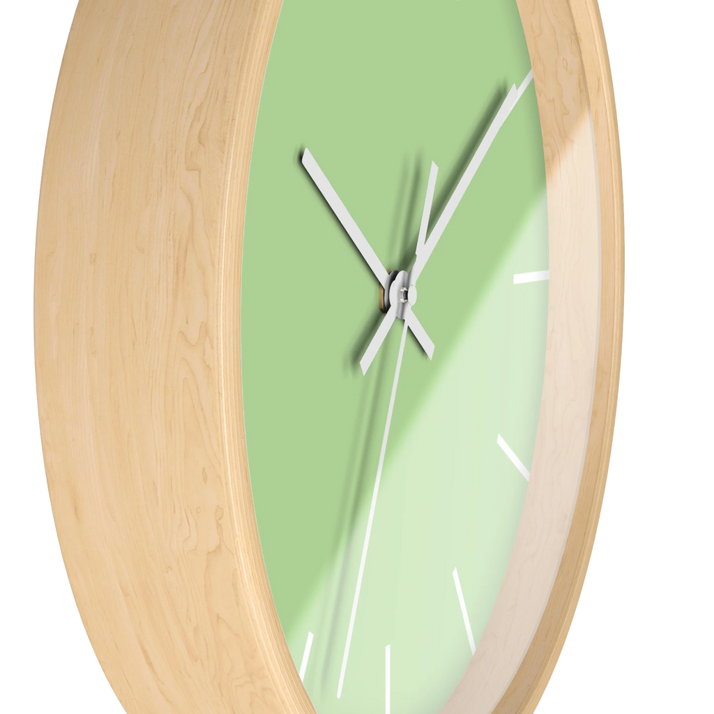 Fresh green mint silent wall clock, wooden base, white hands, white markers, 10 inch, side view.