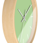 Fresh green mint silent wall clock, wooden base, white hands, white markers, 10 inch, side view.