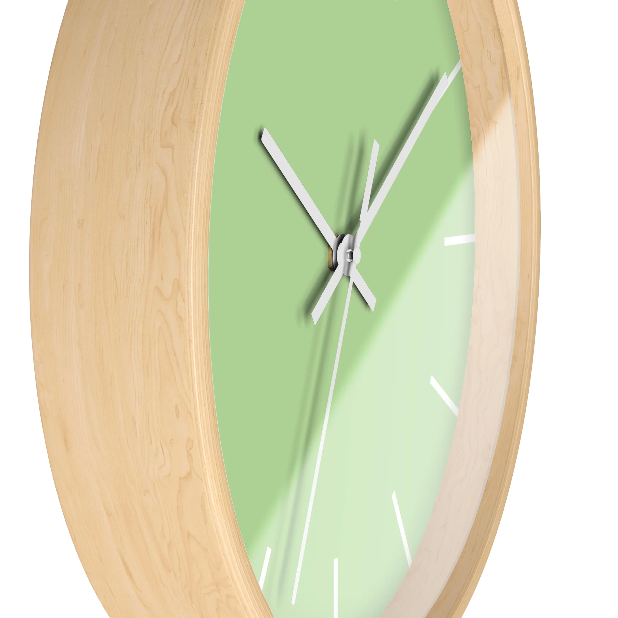 Fresh green mint silent wall clock, wooden base, white hands, white markers, 10 inch, side view.