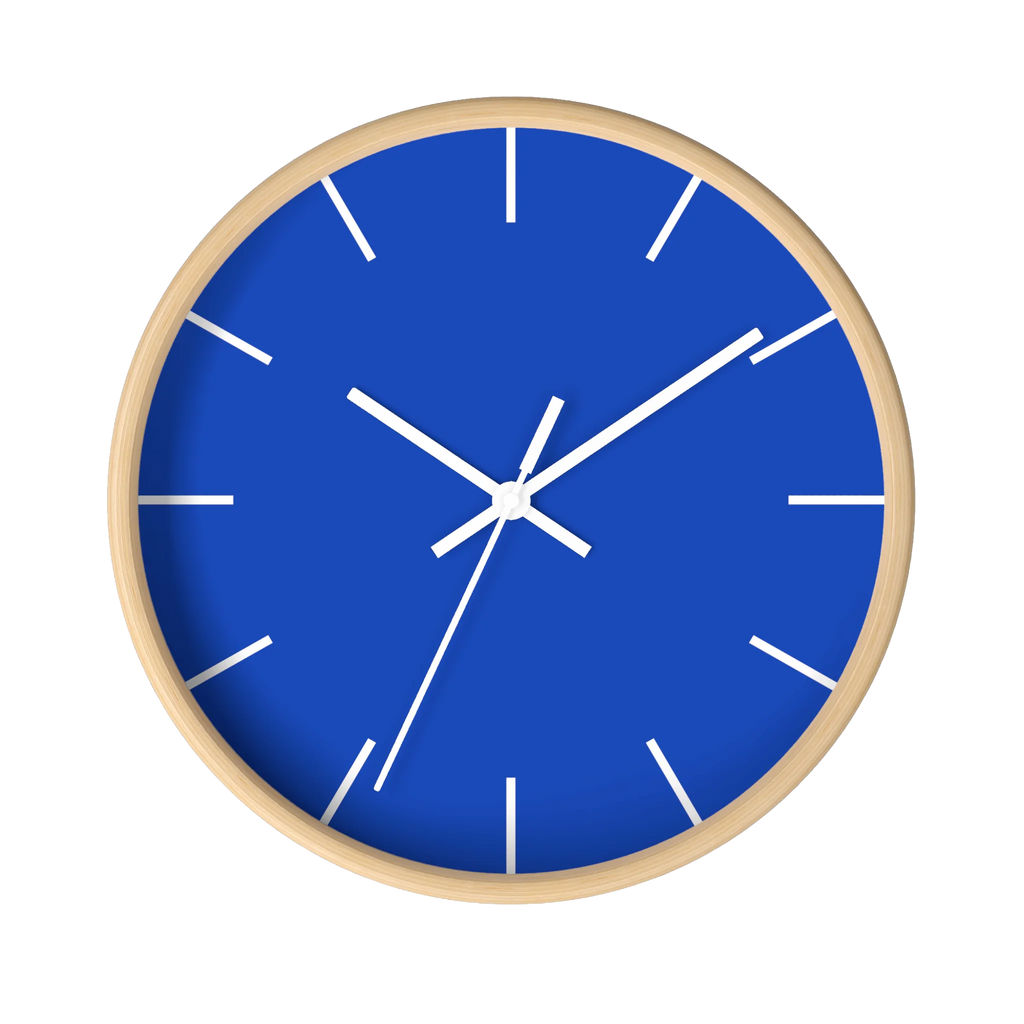 Funky Blue silent wall clock, wooden base, white hands, white markers, 10 inch, front view.
