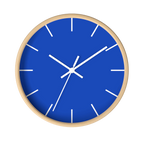 Funky Blue silent wall clock, wooden base, white hands, white markers, 10 inch, front view.