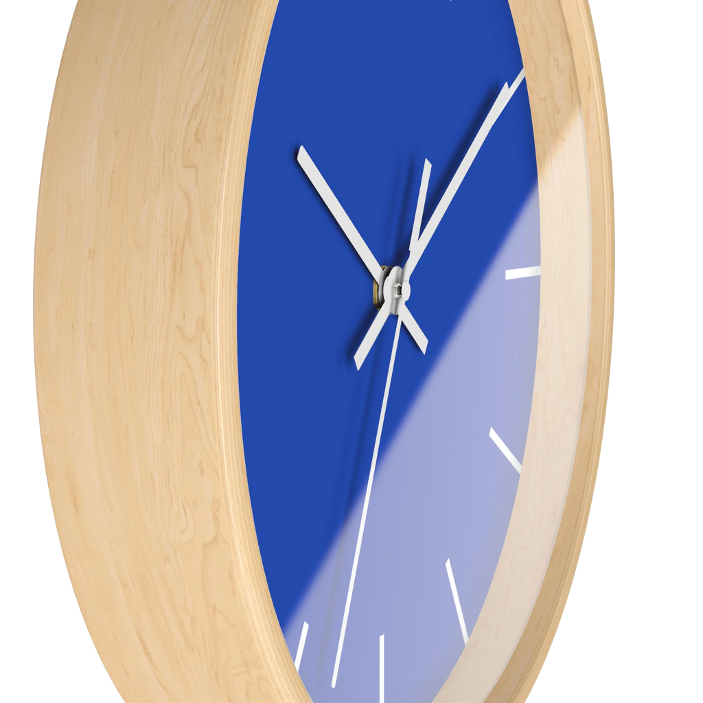 Funky Blue silent wall clock, wooden base, white hands, white markers, 10 inch, side view.