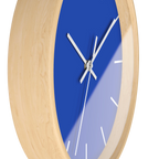 Funky Blue silent wall clock, wooden base, white hands, white markers, 10 inch, side view.