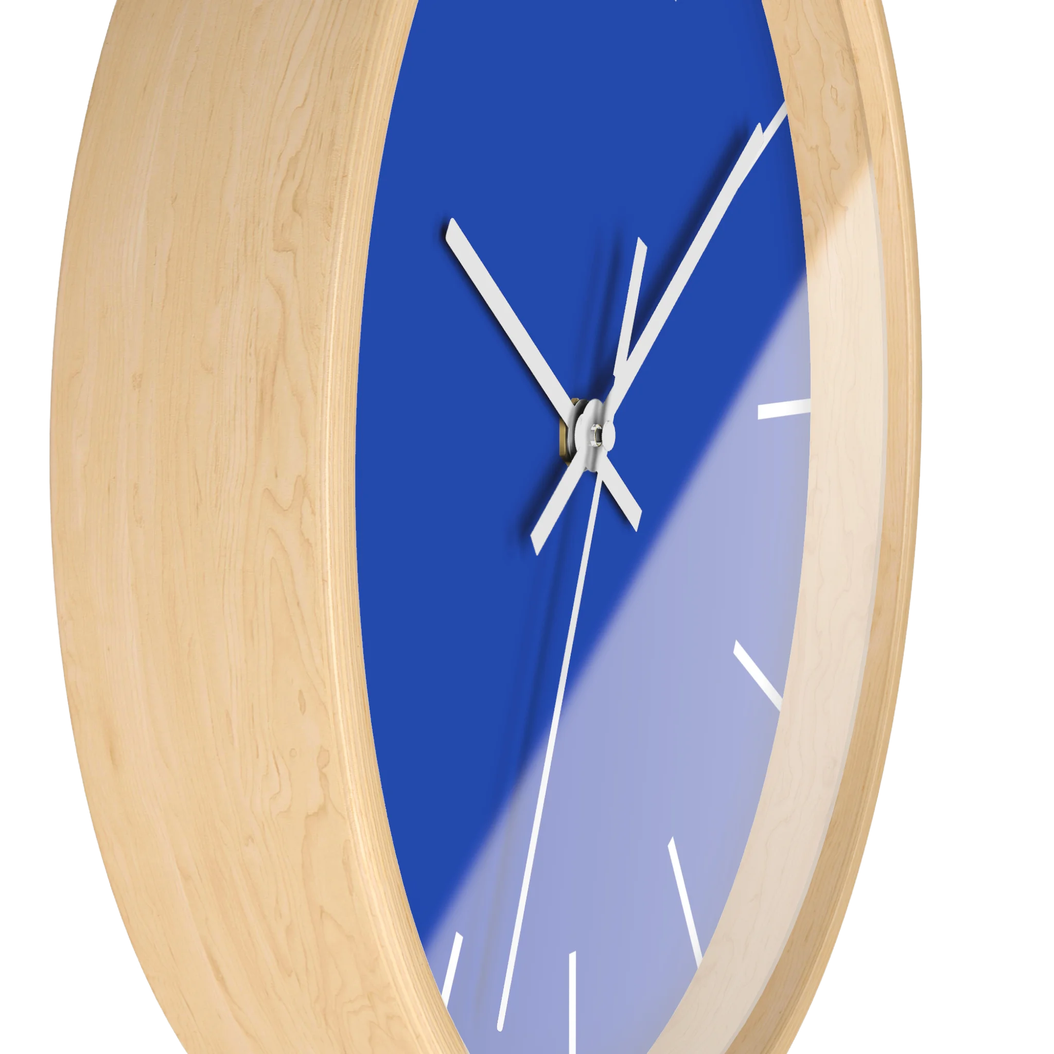 Funky Blue silent wall clock, wooden base, white hands, white markers, 10 inch, side view.