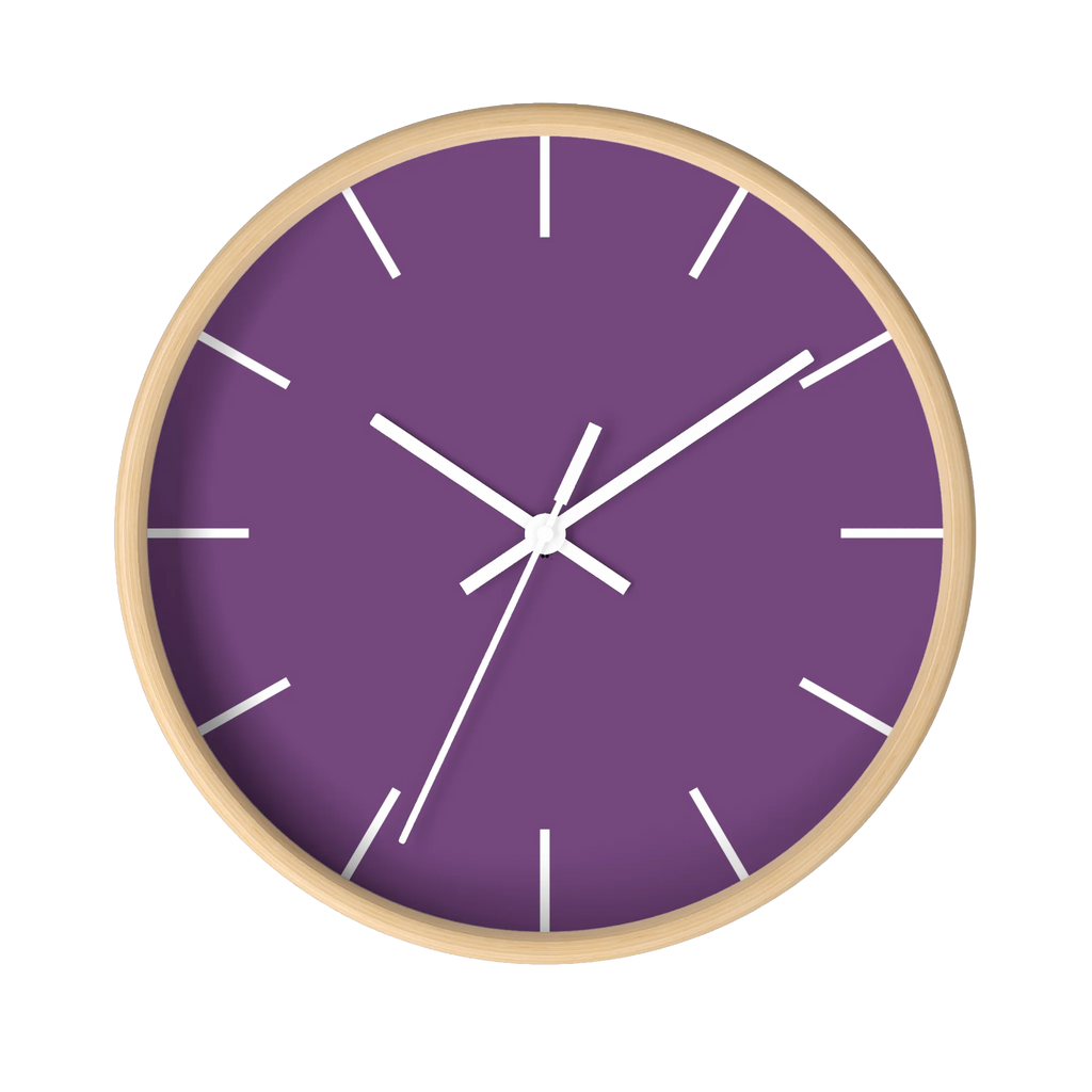 Garlic Purple silent wall clock, wooden base, white hands, white markers, 10 inch, front view.