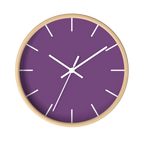 Garlic Purple silent wall clock, wooden base, white hands, white markers, 10 inch, front view.