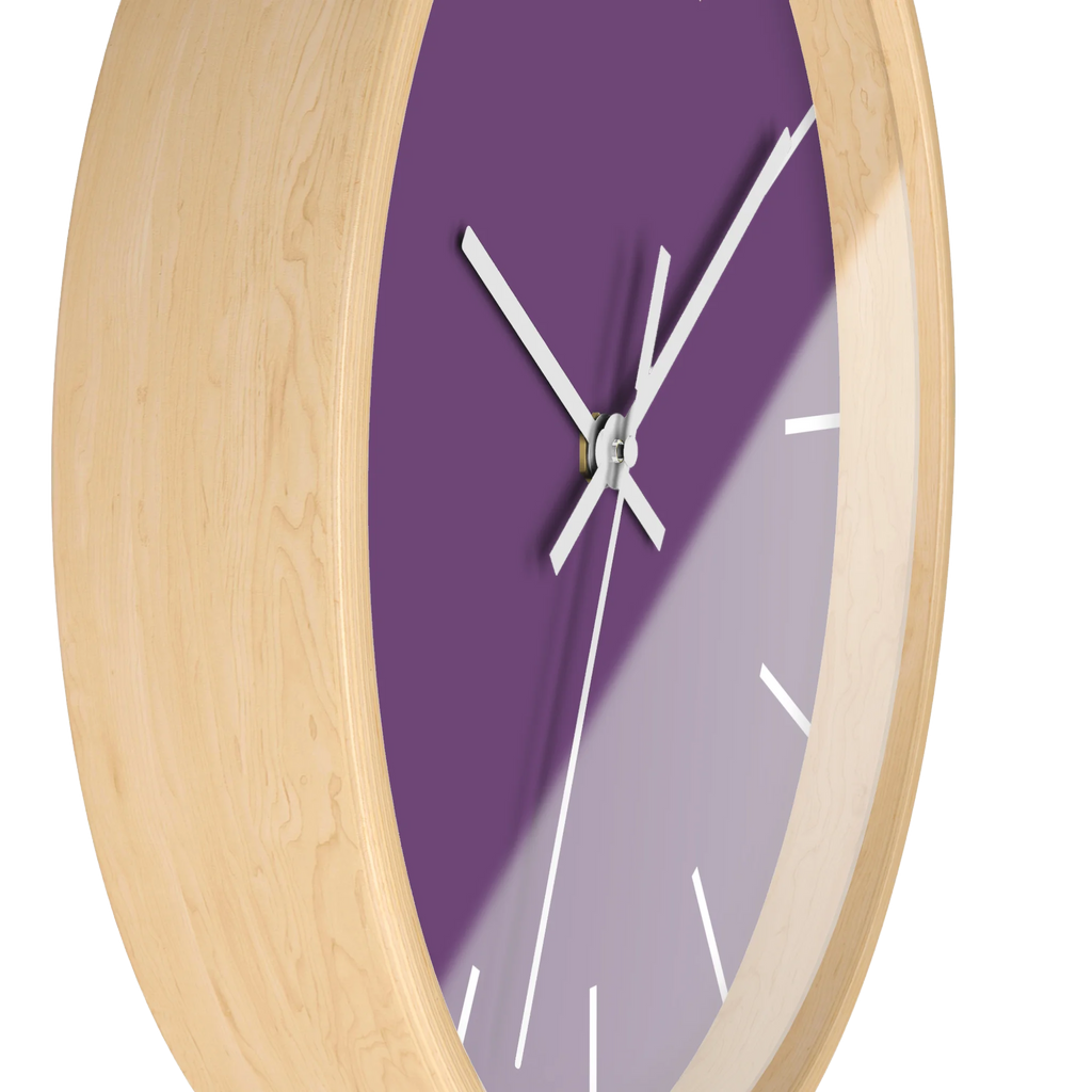 Garlic Purple silent wall clock, wooden base, white hands, white markers, 10 inch, side view.