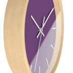 Garlic Purple silent wall clock, wooden base, white hands, white markers, 10 inch, side view.