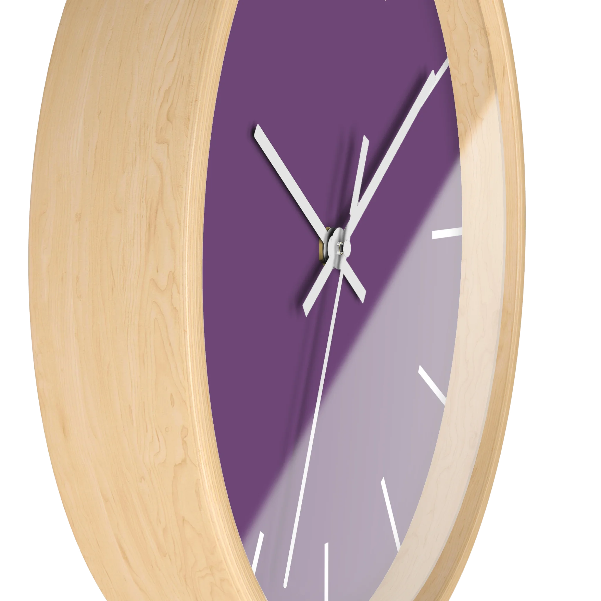 Garlic Purple silent wall clock, wooden base, white hands, white markers, 10 inch, side view.
