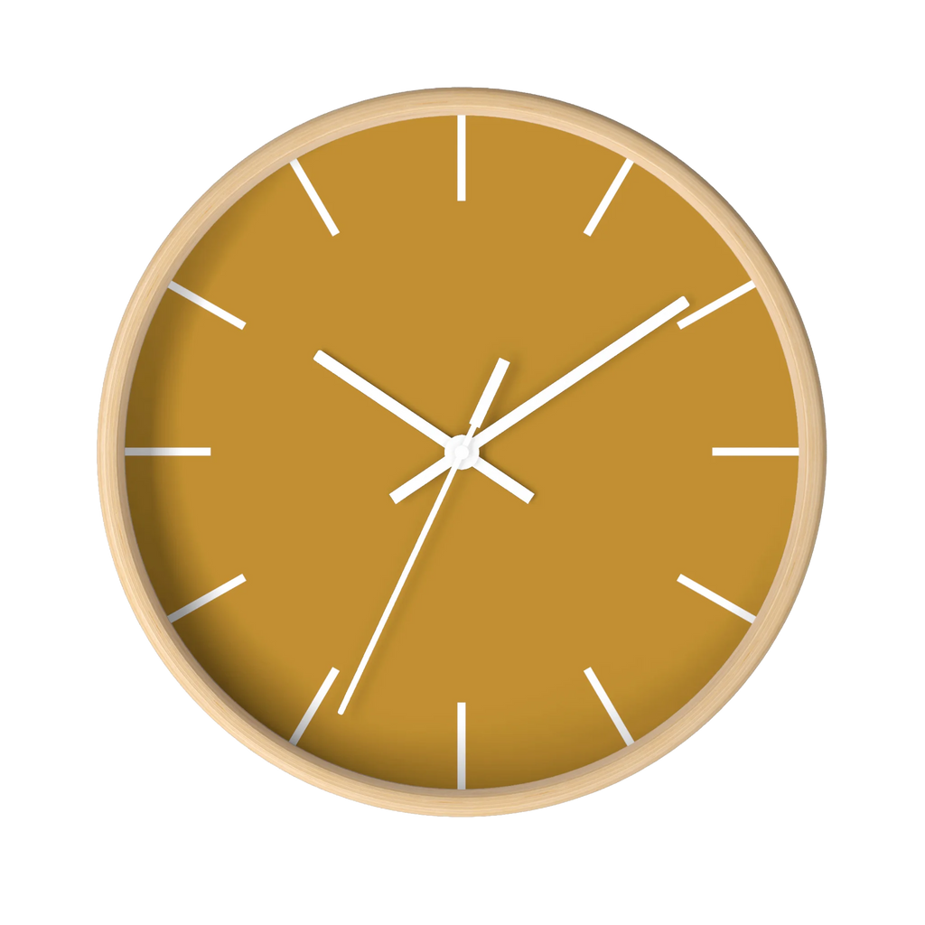 Gold ochre mustard silent wall clock, wooden base, white hands, white markers, 10 inch, front view.