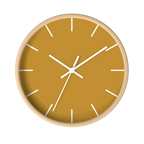 Gold ochre mustard silent wall clock, wooden base, white hands, white markers, 10 inch, front view.