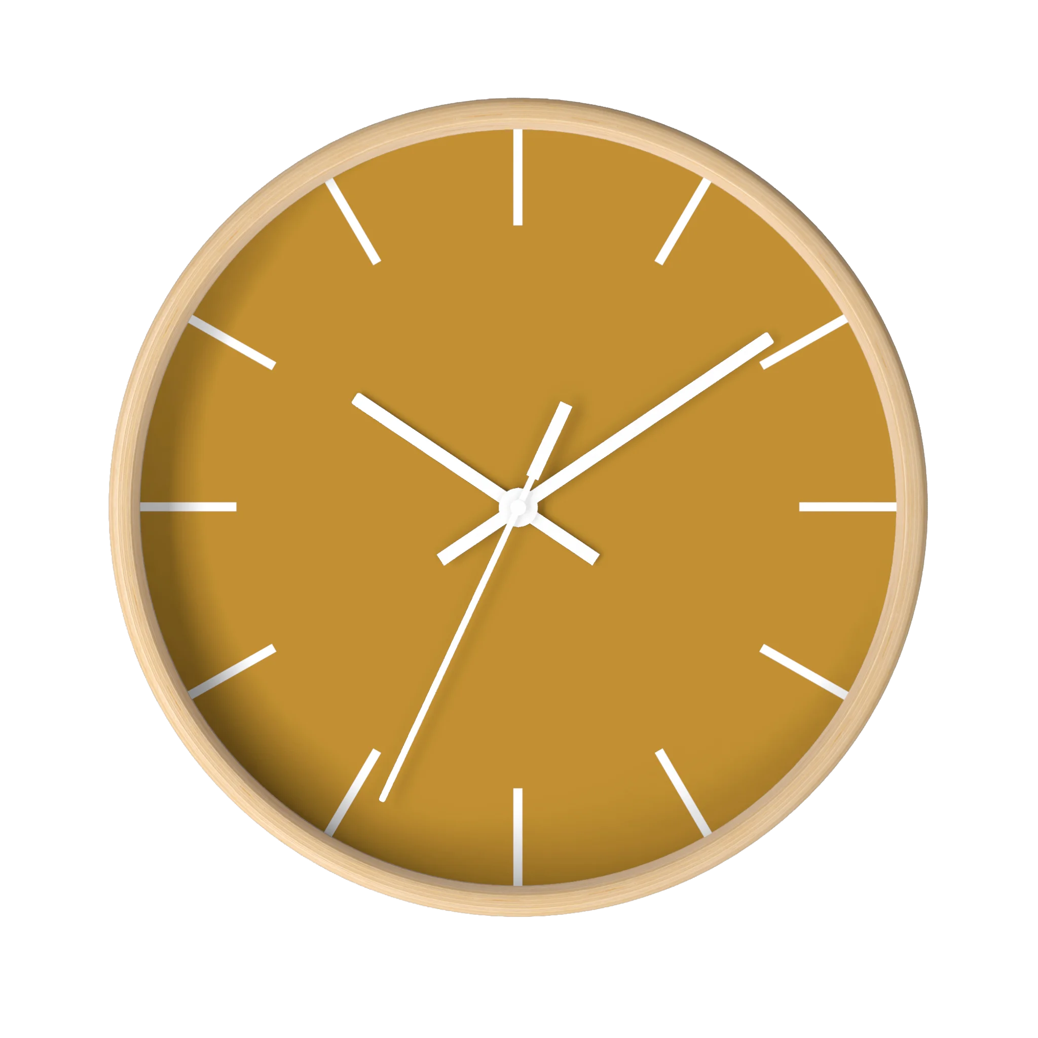 Gold ochre mustard silent wall clock, wooden base, white hands, white markers, 10 inch, front view.