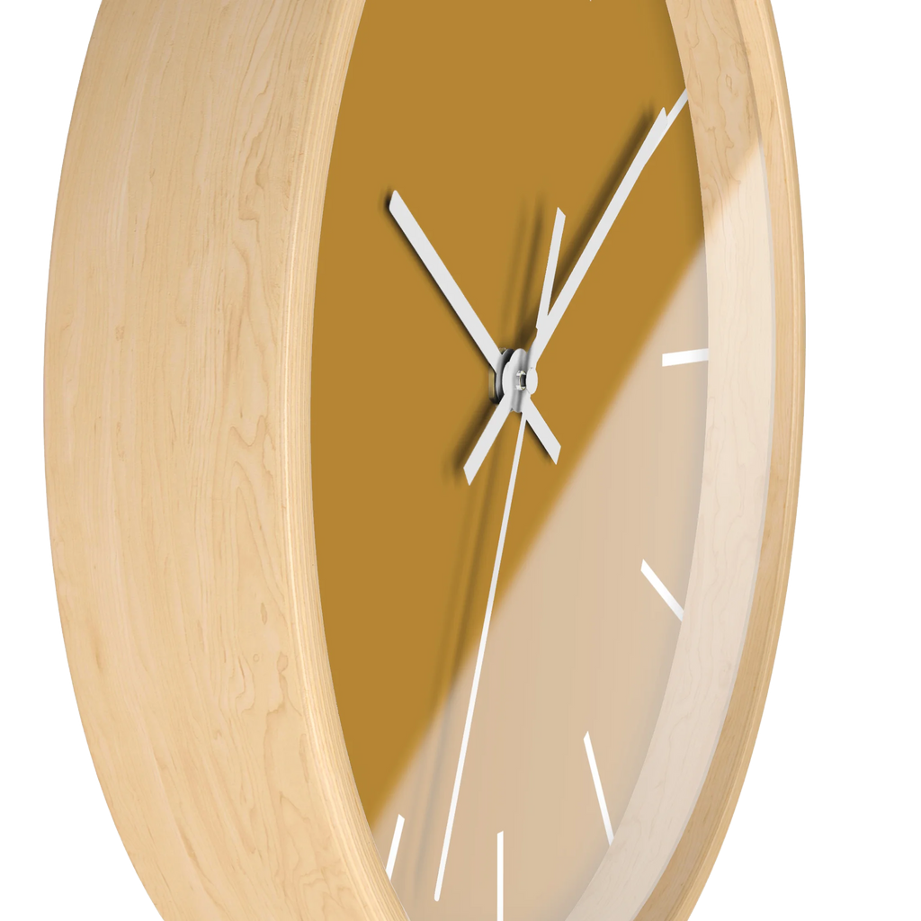 Gold ochre mustard silent wall clock, wooden base, white hands, white markers, 10 inch, front view.