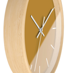 Gold ochre mustard silent wall clock, wooden base, white hands, white markers, 10 inch, front view.