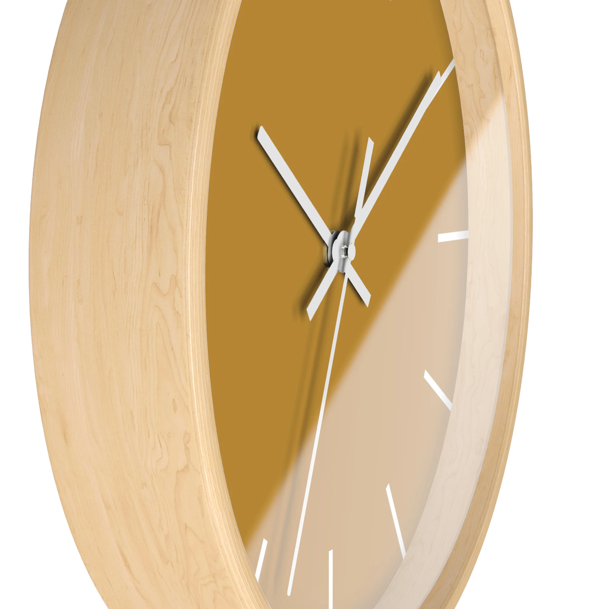 Gold ochre mustard silent wall clock, wooden base, white hands, white markers, 10 inch, front view.