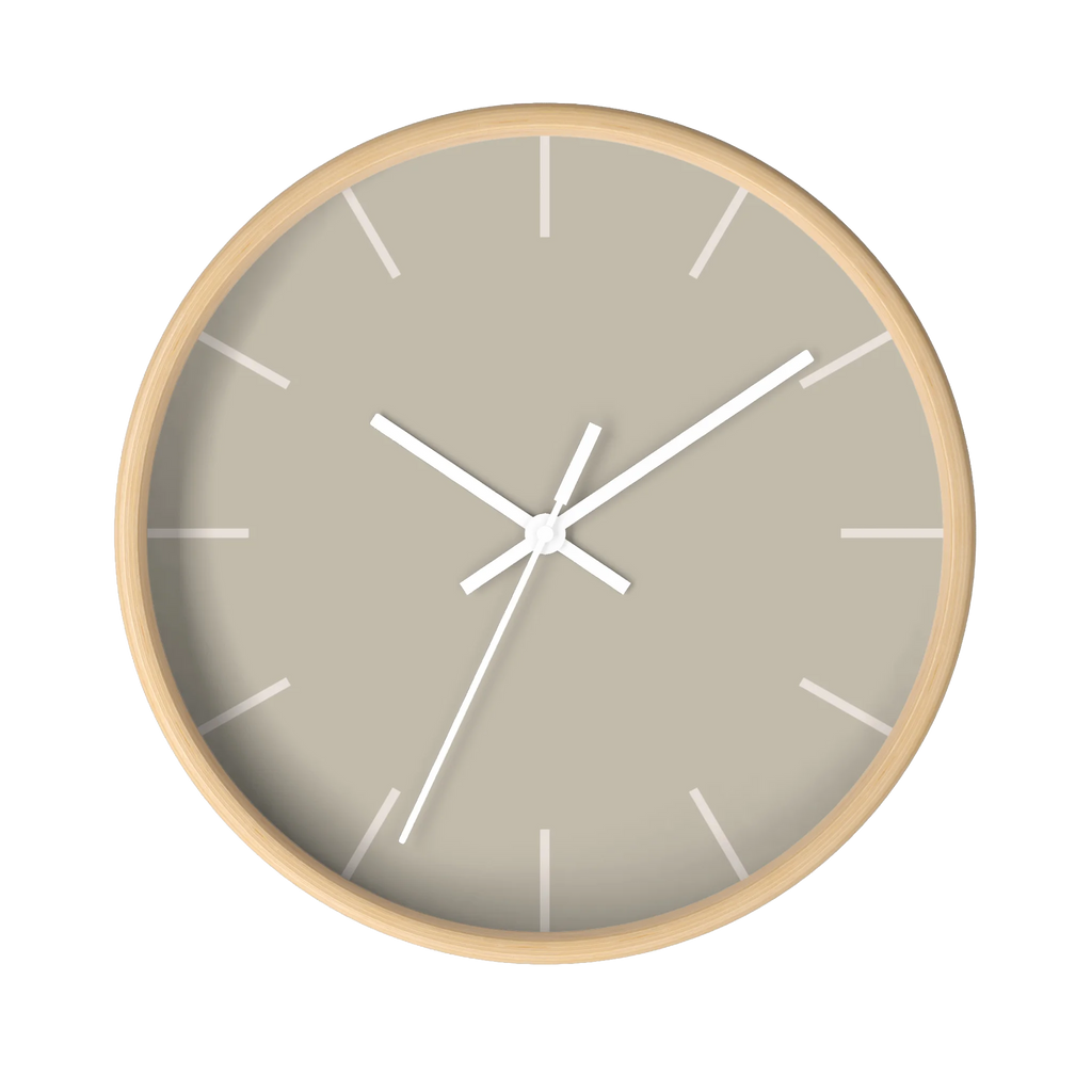 Ivory grey beige silent wall clock, wooden base, white hands, off white markers, 10 inch, front view.