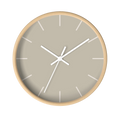 Ivory grey beige silent wall clock, wooden base, white hands, off white markers, 10 inch, front view.