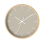 Ivory grey beige silent wall clock, wooden base, white hands, off white markers, 10 inch, front view.