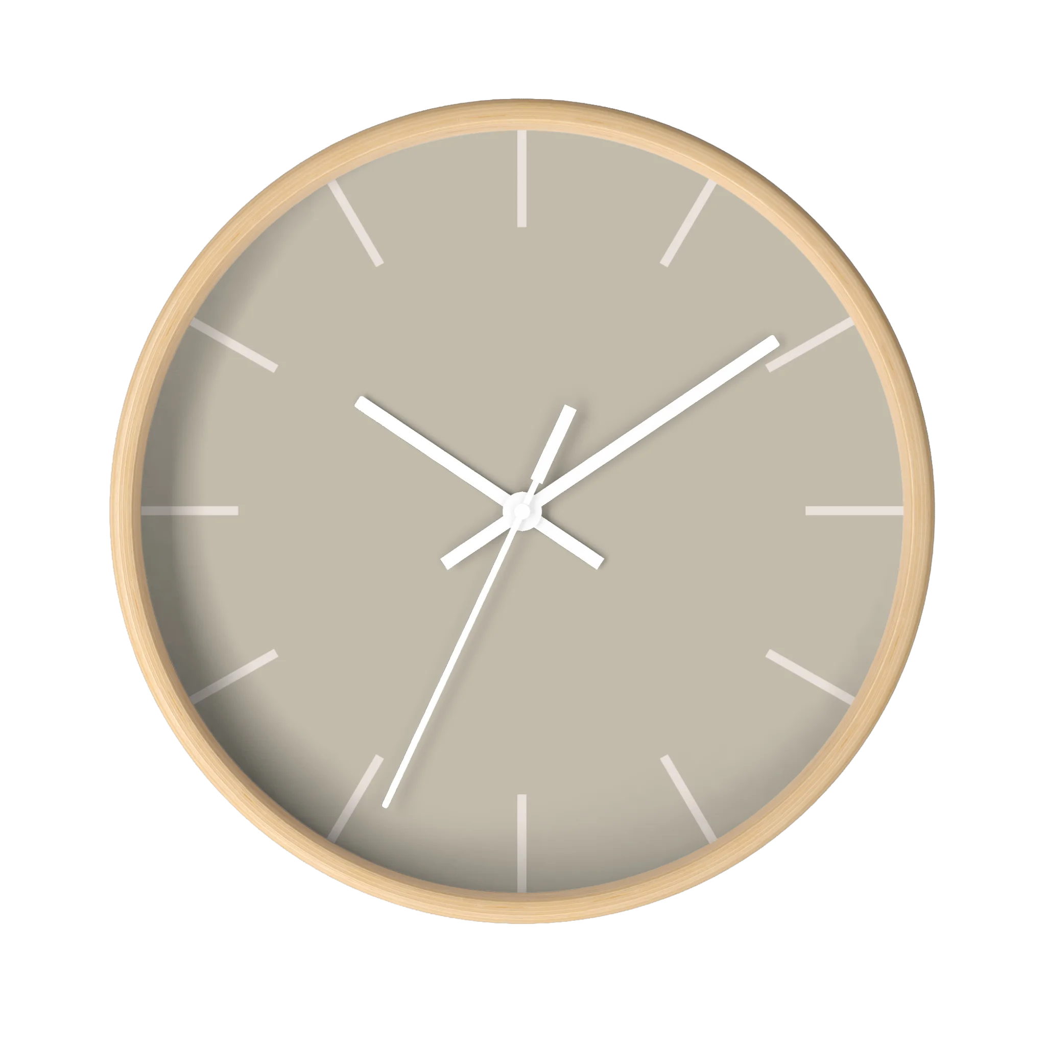 Ivory grey beige silent wall clock, wooden base, white hands, off white markers, 10 inch, front view.